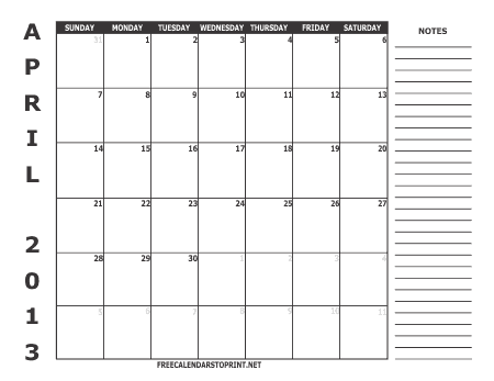 April 2013 Free Calendar To Print