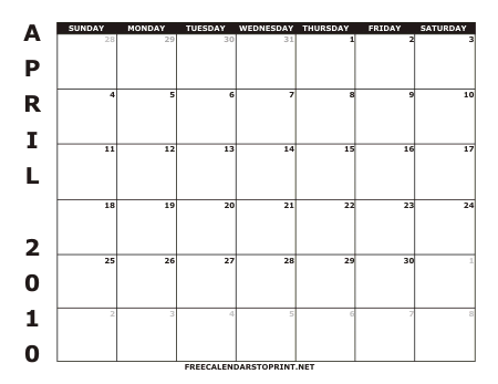 April 2010 Free Calendars to Print - Style 1