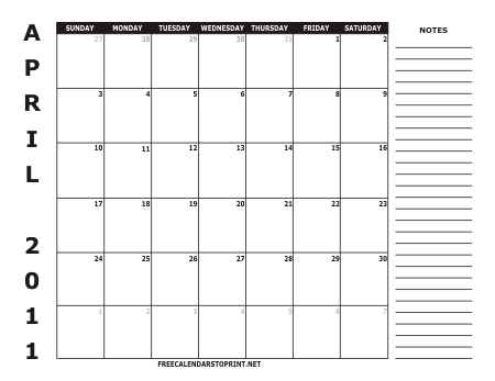 April 2011 Free Calendar to Print - Style 2