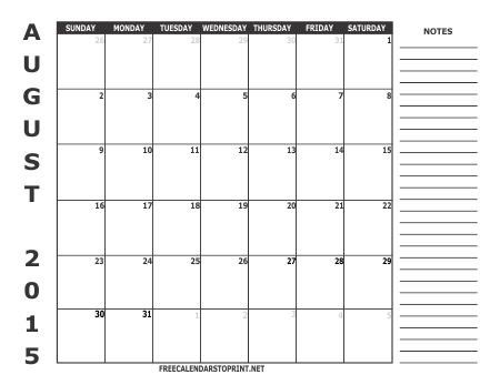 August 2015 Monthly Calendar