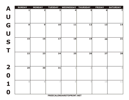 August 2010 Free Calendars to Print - Style 1