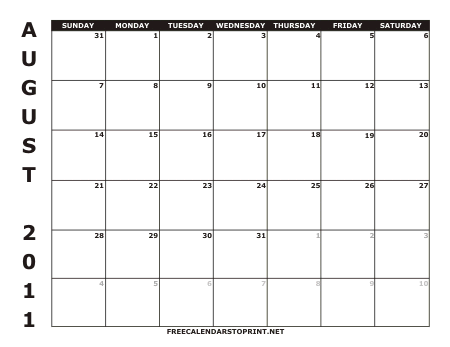 August 2011 Free Calendars to Print - Style 1