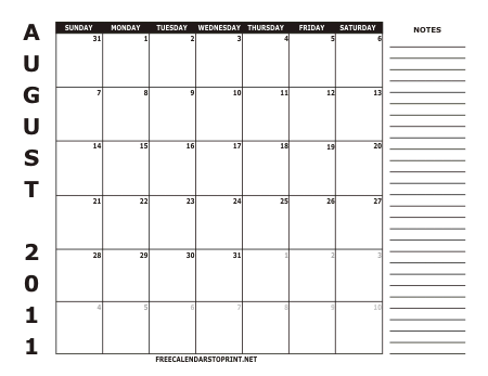 August 2011 Monthly Calendar - Style 2