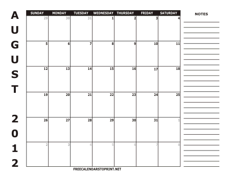 August 2012 Monthly Calendar