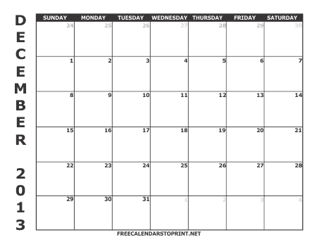 December 2013 Monthly Calendar - Style 1