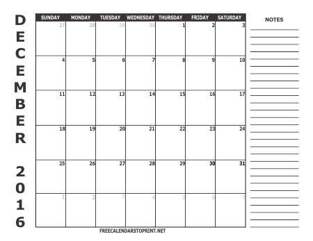 December 2016 Monthly Calendar