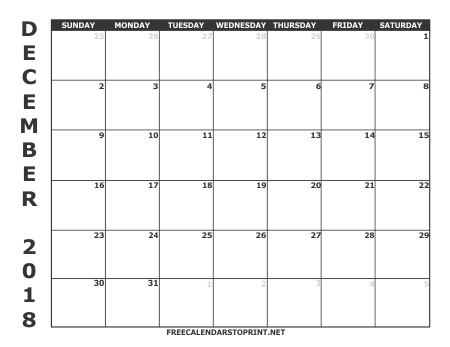 December 2018 Monthly Calendar