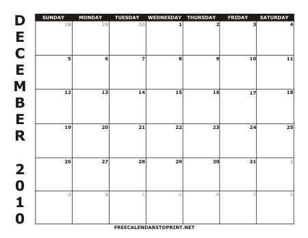 December 2010 Free Calendars to Print - Style 1