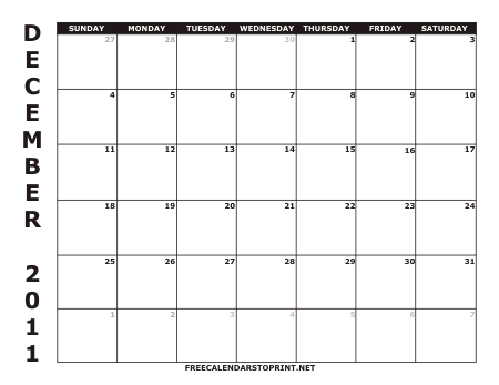 December 2011 Monthly Calendar - Style 1