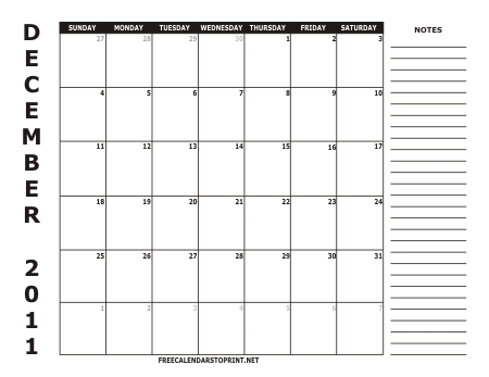 December 2011 Monthly Calendar - Style 2
