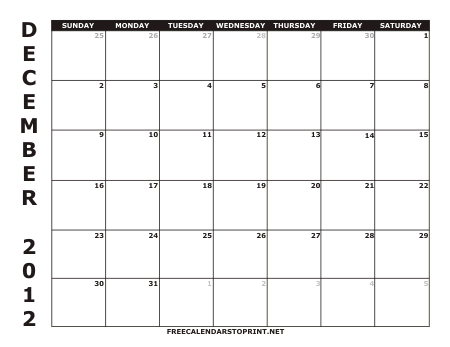 December 2012 Monthly Calendar
