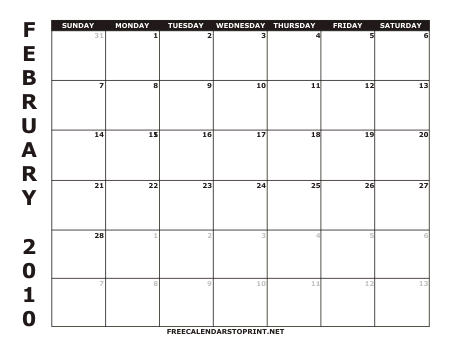 February 2010 Free Calendars to Print - Style 1