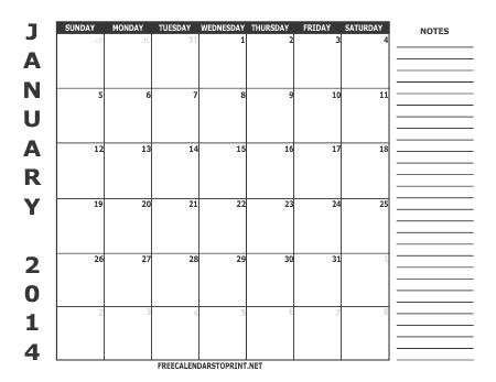 January 2014 Free Calendar