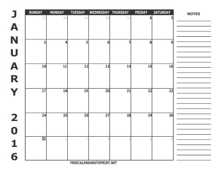 January 2016 Free Calendar