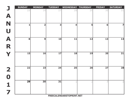 January 2017 Monthly Calendar