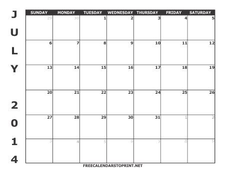 July 2014 Free Calendar to Print - Style 1