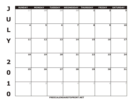 July 2010 Free Calendars to Print - Style 1