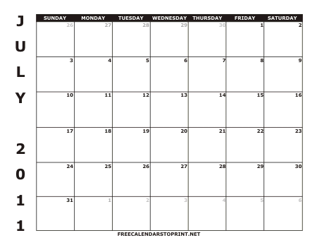 July 2011 Free Calendar to Print - Style 1