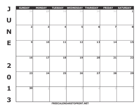 June 2013 Free Calendar to Print - Style 1