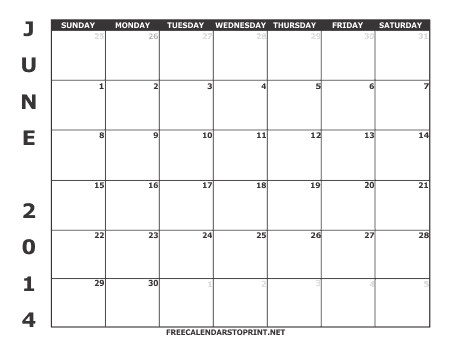 June 2014 Free Calendar to Print - Style 1
