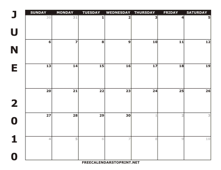 June 2010 Free Calendars to Print - Style 1