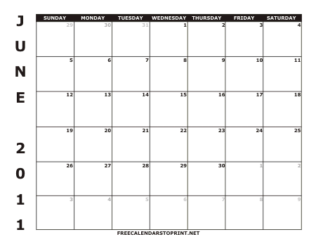 June 2011 Free Calendar to Print - Style 1