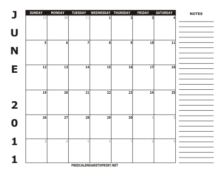 June 2011 Free Calendars to Print - Style 2