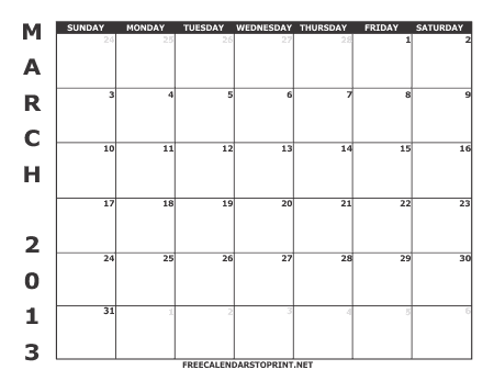 March 2013 Free Calendar to Print - Style 1