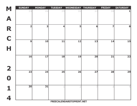 March 2014 Free Calendar to Print - Style 1