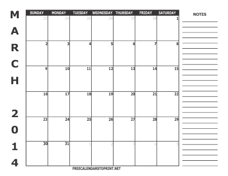 March 2014 Free Calendars To Print