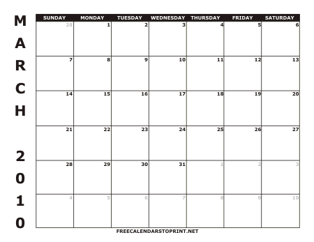 March 2010 Free Calendars to Print - Style 1