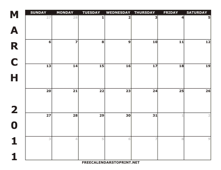 March 2011 Free Calendar to Print - Style 1