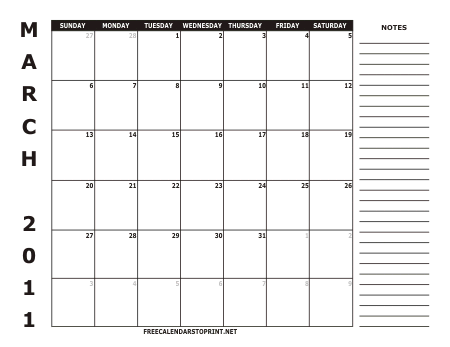 March 2011 Free Calendars to Print - Style 2