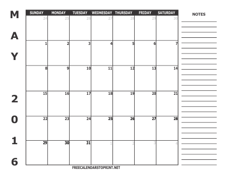 May 2016 Free Calendar To Print