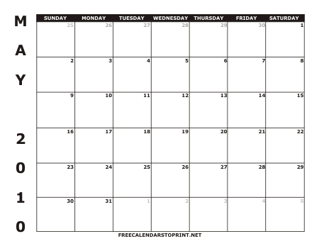 May 2010 Free Calendars to Print - Style 1