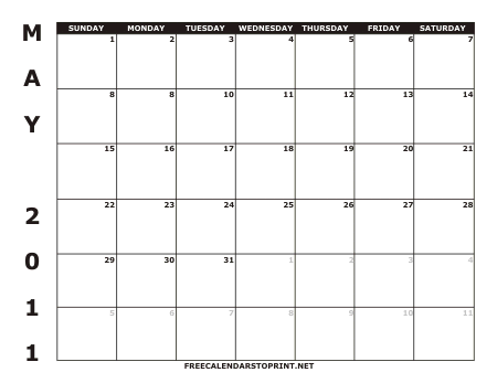 May 2011 Free Calendars to Print - Style 1