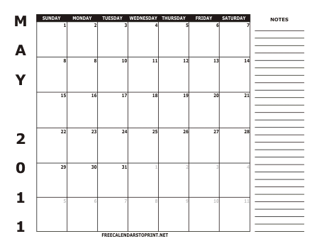 May 2011 Free Calendar to Print - Style 2