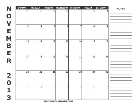 November 2013 Monthly Calendar
