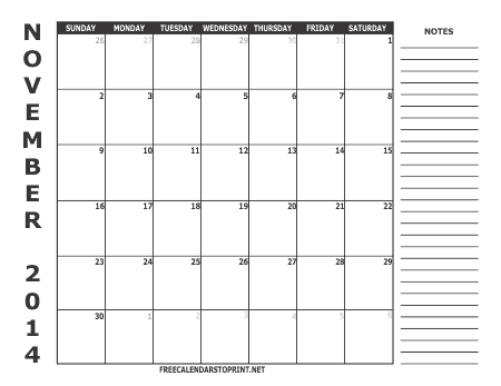 November 2014 Monthly Calendar