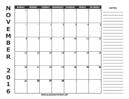 November 2016 Monthly Calendar