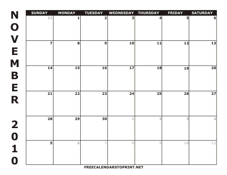 November 2010 Free Calendars to Print - Style 1