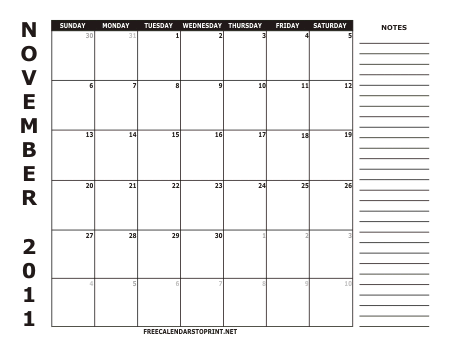 November 2011 Monthly Calendar - Style 2