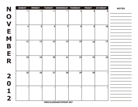 November 2012 Monthly Calendar