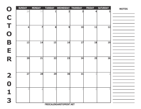 October 2013 Monthly Calendar - Style 2