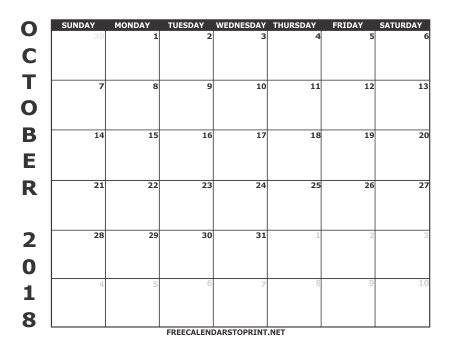 October 2018 Monthly Calendar