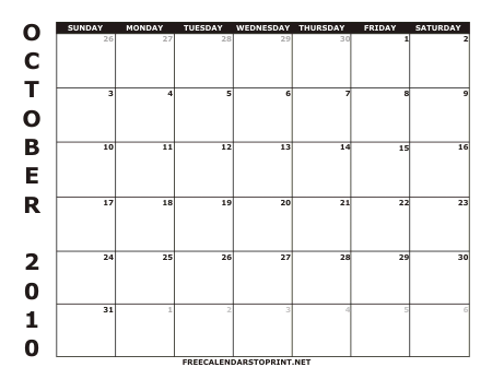 October 2010 Free Calendars to Print - Style 1