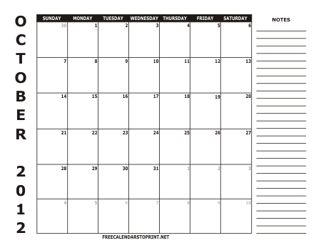 October 2012 Monthly Calendar - Style 2