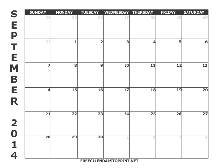 September 2014 Free Calendars to Print - Style 1