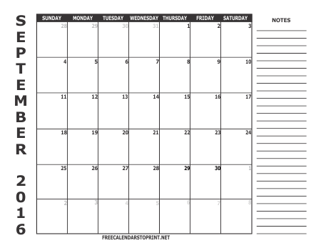 September 2016 Monthly Calendar
