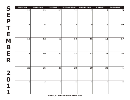 September 2011 Free Calendars to Print - Style 1